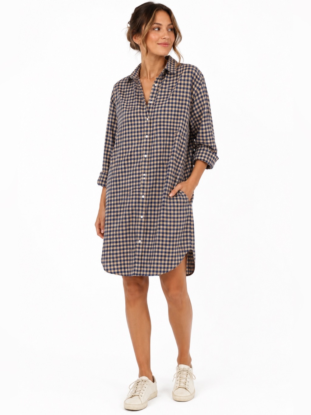 Frank & Eileen Hunter Blue Tan Gingham Cotton Shirt Dress L Made in Italy